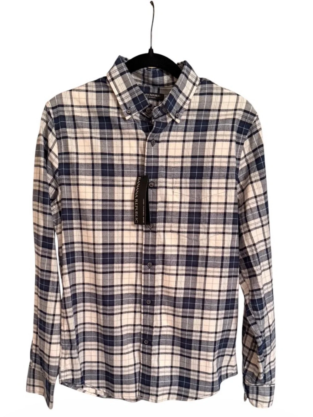 Banana Republic Luxe Flannel Shirt Mens S Blue Plaid Untucked Slim Fit NWT